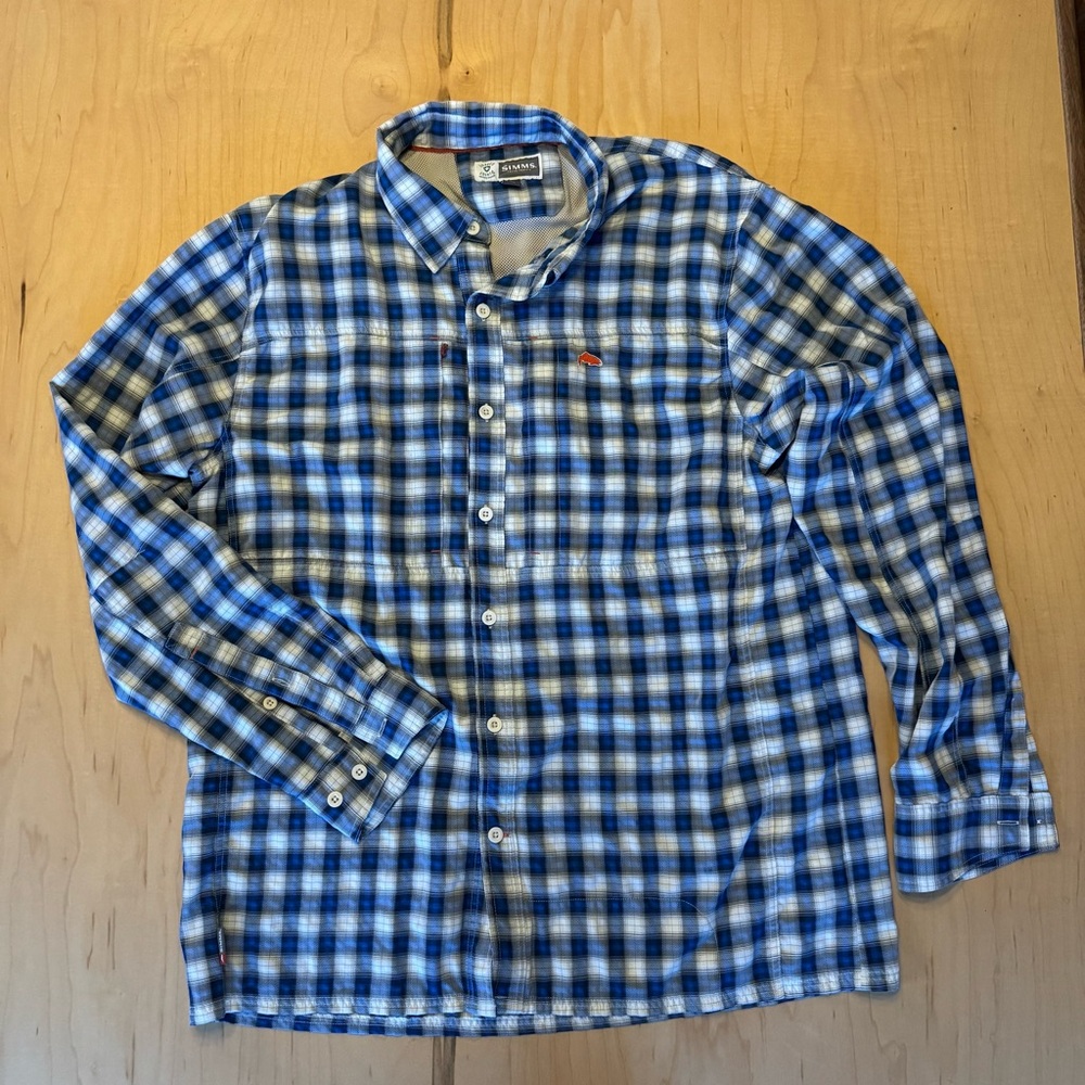 Simms Blue and White Plaid Button-Down Fishing Shirt